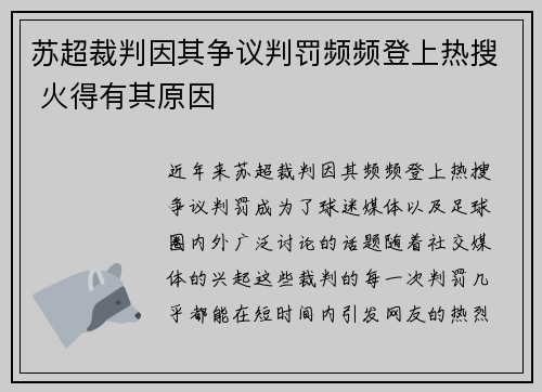 苏超裁判因其争议判罚频频登上热搜 火得有其原因