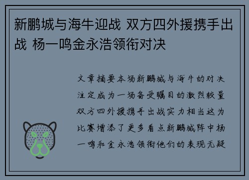 新鹏城与海牛迎战 双方四外援携手出战 杨一鸣金永浩领衔对决